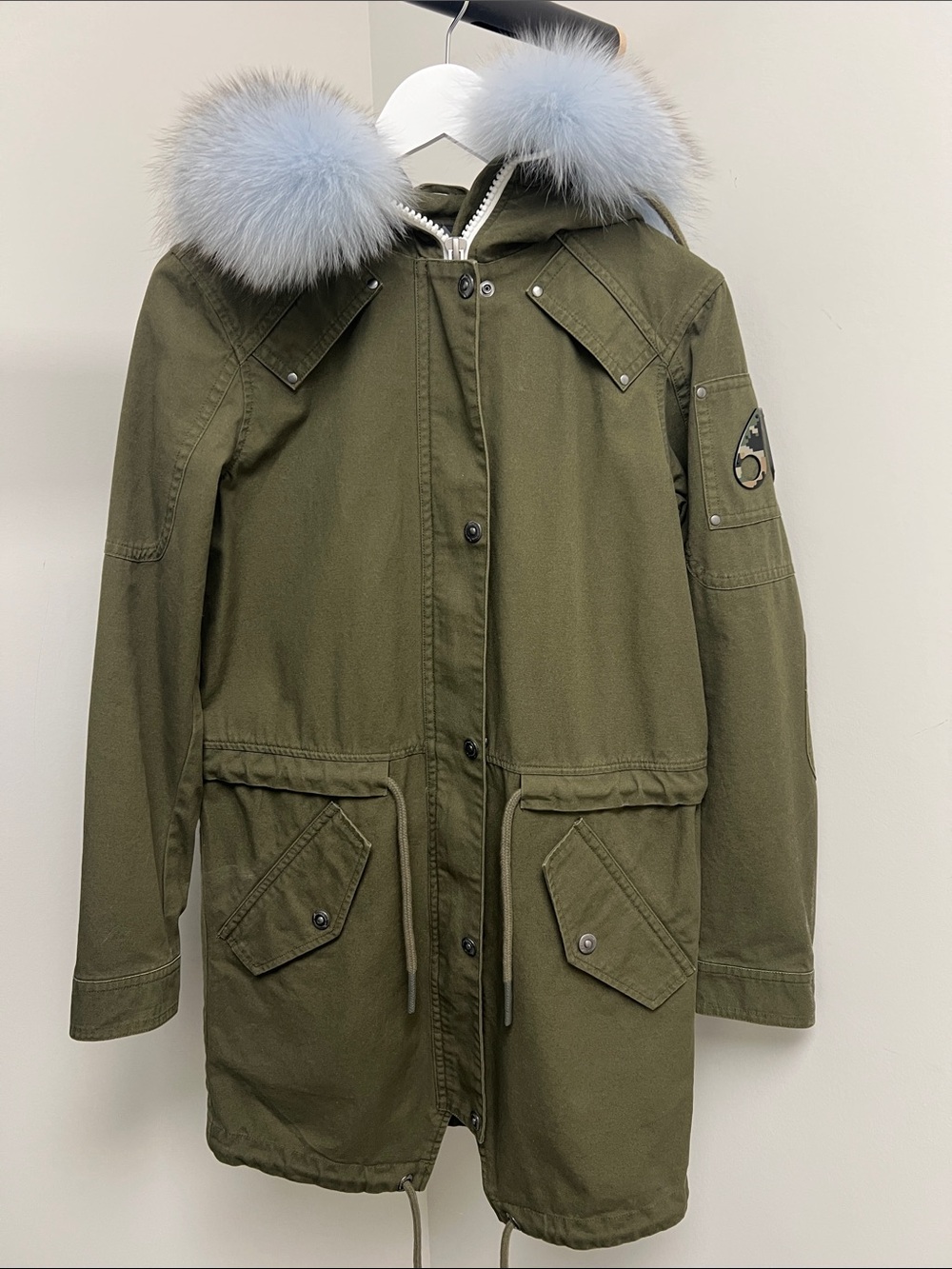Moose Knuckles Olive Green Trench Coat with Blue Fur Trim